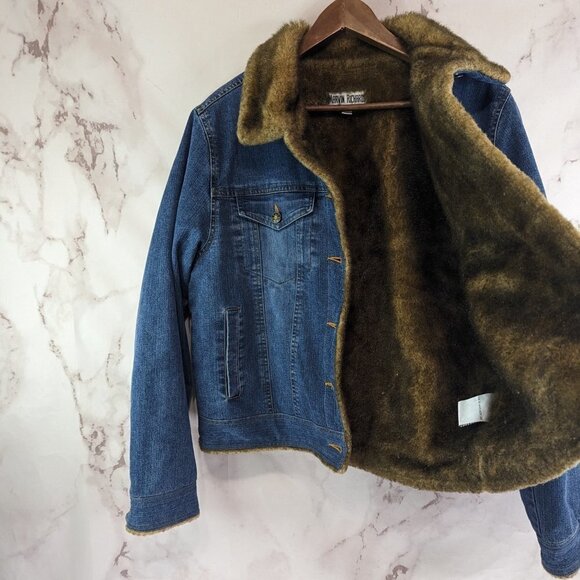 Vintage Y2K Denim Jacket Women Large Faux Fur Trim Crop Penny Lane Coat Mob - Picture 9 of 10